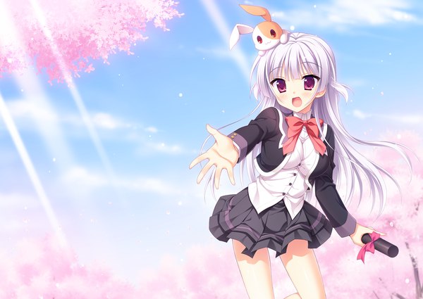 Anime picture 1980x1405 with hatsuyuki sakura saga planets (studio) tamaki sakura moribe (rabumanyo) single long hair looking at viewer blush highres breasts open mouth smile purple eyes holding sky silver hair cloud (clouds) bent knee (knees) pleated skirt sunlight