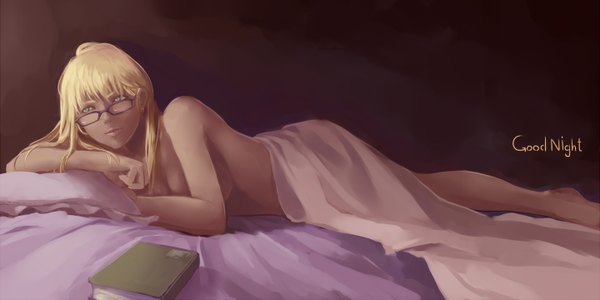 Anime picture 1440x720 with original eruguri-n single long hair light erotic blonde hair wide image green eyes lying topless girl glasses book (books) bed