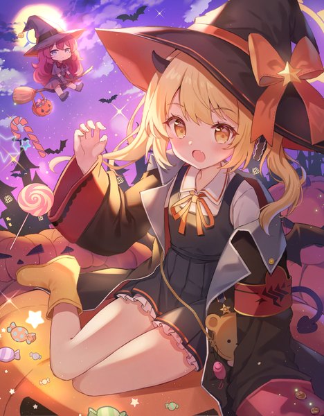 Anime picture 1500x1923 with blue archive iroha (blue archive) ibuki (blue archive) hanen (borry) long hair tall image open mouth blonde hair sitting purple eyes twintails multiple girls yellow eyes red hair tail open jacket sparkle halloween demon girl chibi