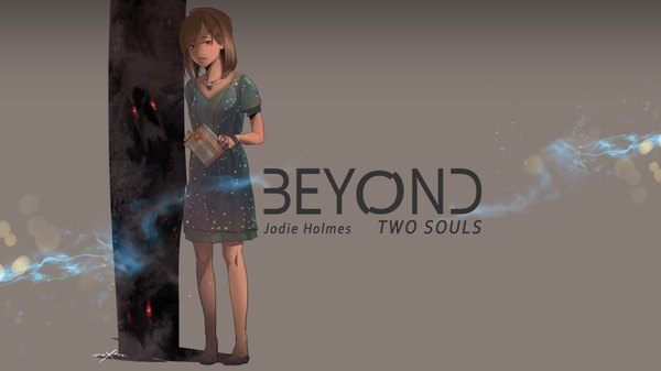 Anime picture 1920x1080 with beyond: two souls jodie holmes tagme (artist) single fringe highres short hair brown hair wide image standing holding brown eyes looking away dark skin glow girl dress shoes pendant