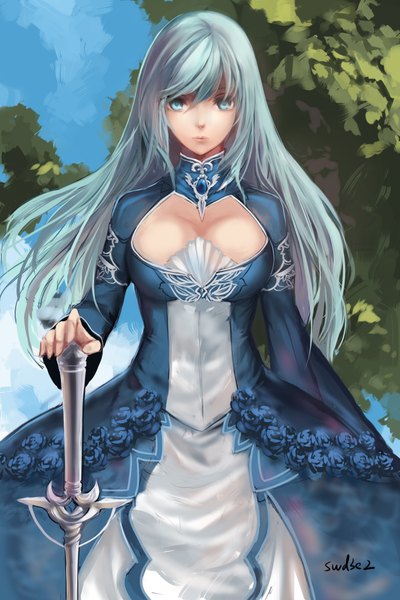 Anime picture 1417x2125 with original swd3e2 single long hair tall image looking at viewer breasts blue eyes large breasts signed blue hair cleavage cleavage cutout girl dress flower (flowers) weapon sword blue dress