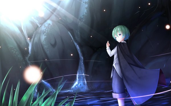 Anime picture 1850x1150 with touhou wriggle nightbug waterdog single highres short hair wide image purple eyes looking back green hair sunlight sunbeam waterfall antennae girl plant (plants) water insect cloak grass