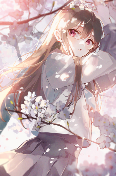 Anime picture 2713x4096 with original oyuyu single long hair tall image fringe highres hair between eyes brown hair purple eyes outdoors pleated skirt arms up tears cherry blossoms girl skirt uniform flower (flowers) petals