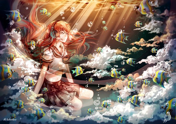 Anime picture 1500x1061 with instockee single long hair signed eyes closed light smile sunlight orange hair underwater girl navel water glasses serafuku headphones bubble (bubbles) fish (fishes) wire (wires)