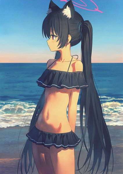 Anime picture 955x1351 with blue archive serika (blue archive) serika (swimsuit) (blue archive) wasabi60 single tall image black hair red eyes standing twintails animal ears outdoors very long hair profile cat ears beach official alternate costume horizon girl navel