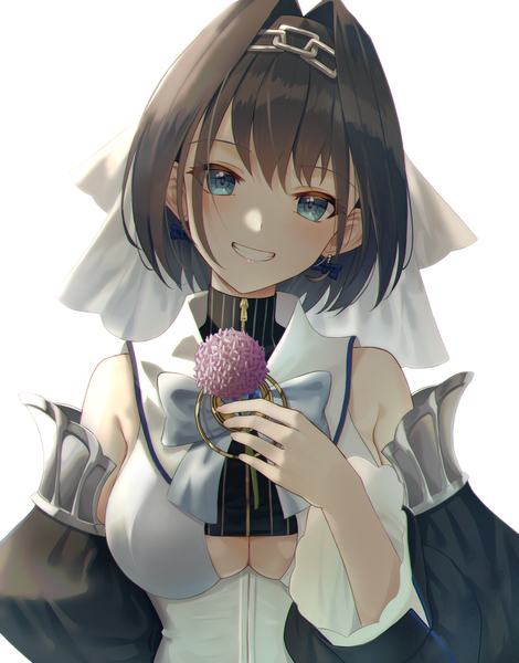Anime picture 1500x1914 with virtual youtuber hololive hololive english ouro kronii ouro kronii (1st costume) shands single tall image looking at viewer blush fringe short hair breasts blue eyes black hair simple background smile white background holding upper body