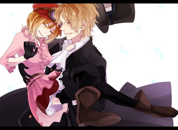 Anime picture 2000x1460 with one piece toei animation sabo (one piece) koala (one piece) mako1124 highres short hair open mouth simple background blonde hair smile white background eyes closed couple happy scar carrying princess carry girl thighhighs