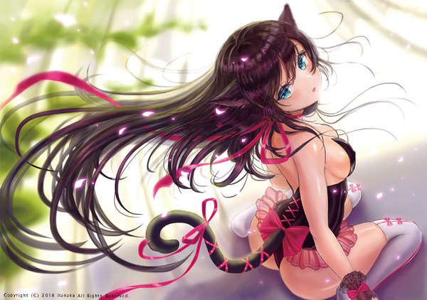 Anime picture 1084x763 with original hou no ka single long hair looking at viewer blush fringe breasts open mouth blue eyes light erotic black hair hair between eyes sitting bare shoulders signed animal ears bent knee (knees) ass tail
