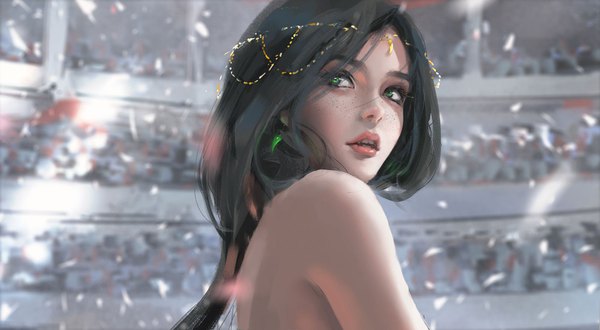 Anime picture 1600x881 with ghost blade aeolian wlop single long hair black hair wide image bare shoulders green eyes looking away upper body parted lips looking back lips sunlight realistic freckles girl hair ornament earrings