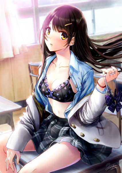 Anime picture 1080x1525 with original kazuharu kina single long hair tall image looking at viewer blush fringe breasts open mouth light erotic black hair sitting holding signed yellow eyes cleavage indoors pleated skirt off shoulder