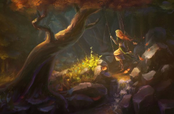 Anime picture 3200x2097 with original sylar113 single long hair highres sitting absurdres wind sunlight orange hair girl plant (plants) tree (trees) leaf (leaves) forest stone (stones) swing