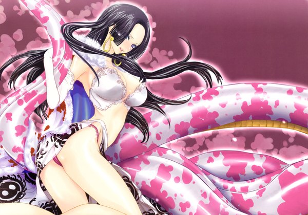 Anime picture 2285x1600 with one piece toei animation boa hancock salome (one piece) long hair highres breasts light erotic black hair large breasts purple eyes pantyshot girl earrings
