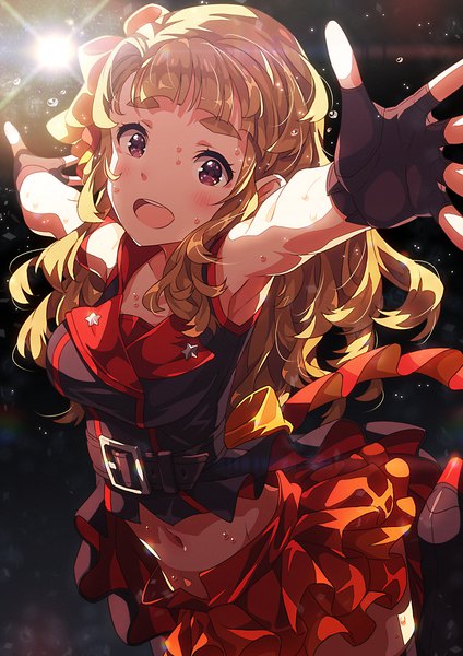 Anime picture 849x1200 with idolmaster idolmaster million live! miyao miya narumi arata single long hair tall image looking at viewer blush open mouth blonde hair red eyes dark background girl dress gloves navel bow hair bow fingerless gloves