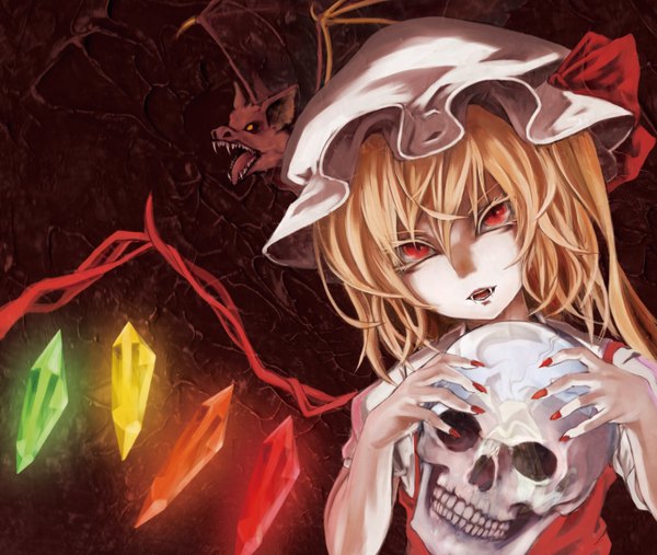 Anime picture 1368x1158 with touhou flandre scarlet lisitsa single looking at viewer short hair open mouth blonde hair red eyes holding ponytail nail polish fingernails teeth fang (fangs) side ponytail long fingernails red nail polish vampire girl