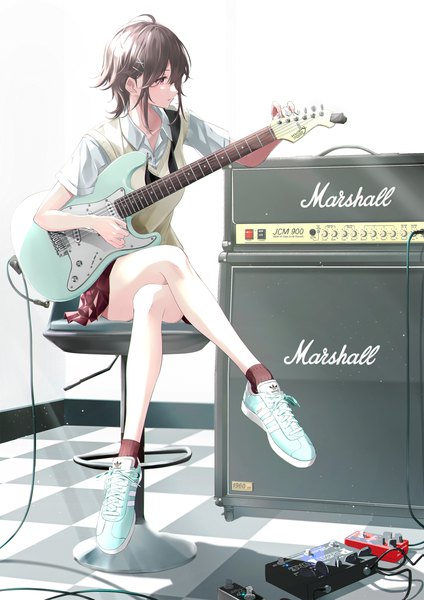 Anime picture 2121x3000 with original adidas marshall dice gt single tall image highres short hair red eyes brown hair sitting full body indoors profile bare legs crossed legs checkered floor floor girl uniform