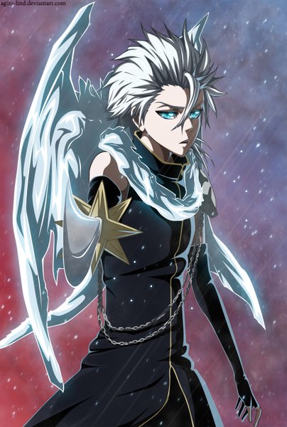 Anime picture 1000x1482 with bleach studio pierrot hitsugaya toushirou aagito single tall image short hair open mouth white hair aqua eyes coloring magic boy weapon sword wings fingerless gloves katana chain cloak