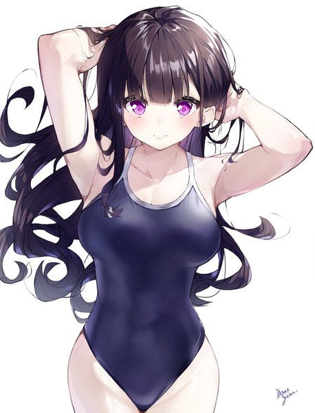 Anime picture 1200x1571 with original takenoko no you single long hair tall image blush fringe breasts light erotic black hair simple background smile large breasts standing white background purple eyes adjusting hair girl swimsuit one-piece swimsuit