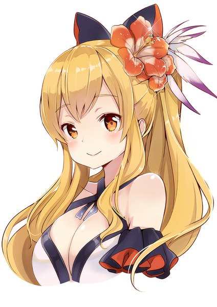 Anime picture 707x1000 with granblue fantasy vira lilie pilokey single long hair tall image blush fringe breasts simple background blonde hair smile large breasts white background payot cleavage ponytail hair flower sparkle orange eyes