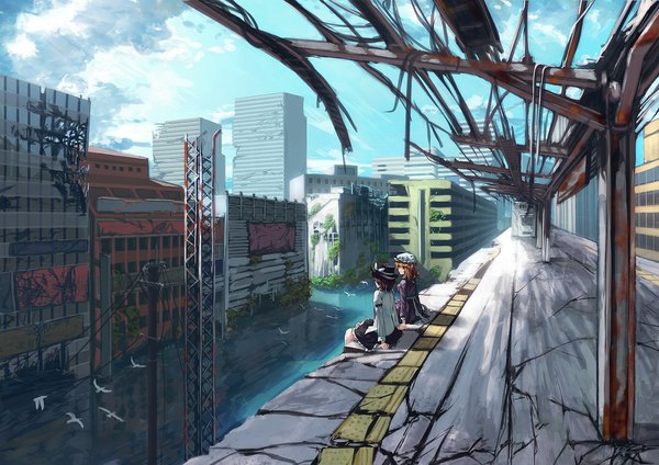 Anime picture 1637x1158 with touhou usami renko maribel hearn berabou long hair short hair blonde hair brown hair multiple girls looking away cloud (clouds) long sleeves from behind sunlight shadow city holding hands frilly skirt ruins crack