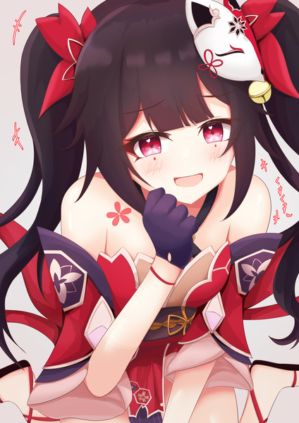 Anime picture 2894x4093 with honkai: star rail honkai (series) sparkle (honkai: star rail) shi cha single long hair tall image looking at viewer blush fringe highres breasts open mouth black hair simple background smile red eyes white background twintails bare shoulders