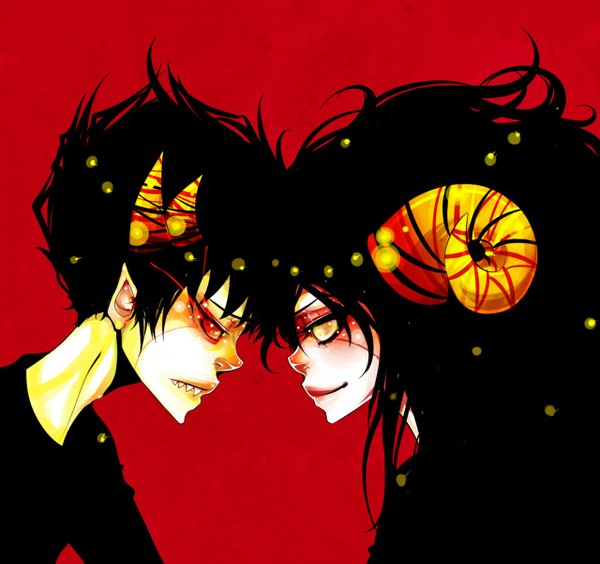 Anime picture 1280x1205 with homestuck sollux captor aradia megido spazmaggot long hair short hair black hair simple background smile red eyes yellow eyes profile horn (horns) pointy ears teeth red background face to face sharp teeth girl boy