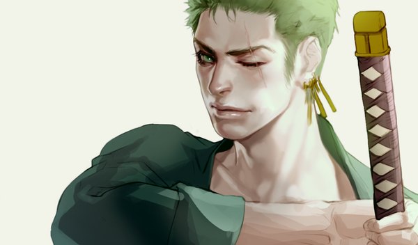 Anime picture 874x514 with one piece toei animation roronoa zoro kenny single looking at viewer short hair simple background wide image green eyes one eye closed green hair light smile lips grey background piercing portrait ear piercing scar eyebrows