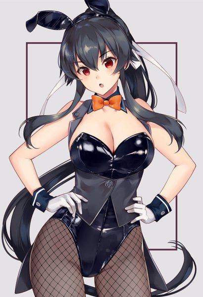 Anime picture 683x1000 with kantai collection yahagi light cruiser ichinomiya (blantte) single tall image looking at viewer blush fringe breasts open mouth light erotic black hair hair between eyes red eyes large breasts animal ears cleavage very long hair :o fake animal ears