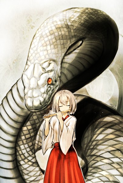 Anime picture 1181x1748 with touhou mishaguji kotoba noriaki tall image fringe short hair blonde hair eyes closed traditional clothes japanese clothes miko playing instrument giant animal girl animal musical instrument snake flute