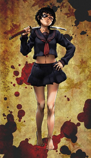 Anime picture 739x1280 with original cozy single tall image looking at viewer short hair black hair pleated skirt barefoot bare legs hand on hip walking girl skirt navel weapon miniskirt sword serafuku katana