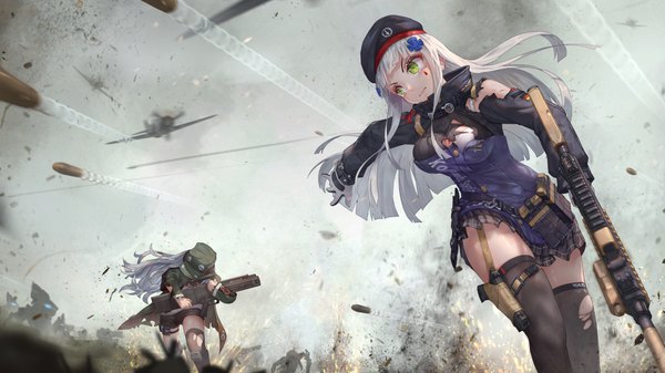 Anime picture 2008x1129 with girls frontline hk416 (girls frontline) g11 (girls frontline) jay xu long hair fringe highres light erotic wide image green eyes looking away silver hair blunt bangs pleated skirt looking back wind tears torn clothes outstretched arm facial mark