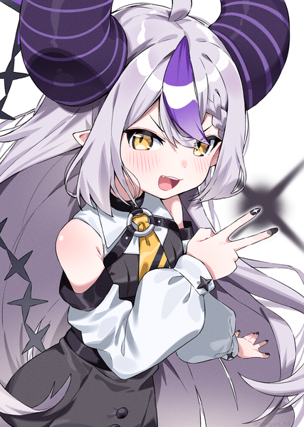 Anime picture 1424x2000 with virtual youtuber hololive la+ darknesss la+ darknesss (1st costume) tosyeo single tall image looking at viewer fringe open mouth hair between eyes yellow eyes silver hair ahoge tail very long hair nail polish :d multicolored hair horn (horns)