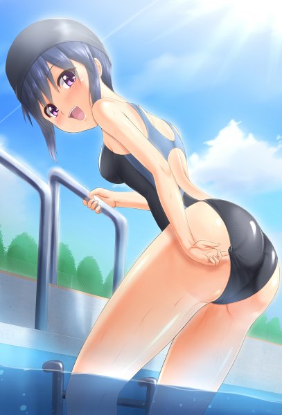 Anime picture 814x1200 with original takuya kame single tall image blush short hair open mouth light erotic black hair purple eyes bare shoulders ass girl swimsuit pool