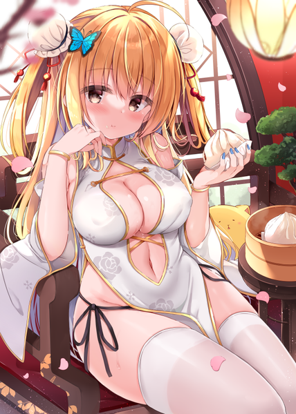 Anime picture 642x900 with original kujou danbo single long hair tall image looking at viewer blush fringe breasts light erotic blonde hair hair between eyes large breasts sitting holding brown eyes ahoge indoors nail polish traditional clothes