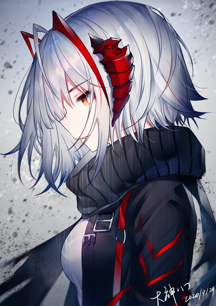 Anime picture 1300x1838 with arknights w (arknights) ookamisama single tall image short hair signed looking away silver hair upper body ahoge profile horn (horns) orange eyes dated girl
