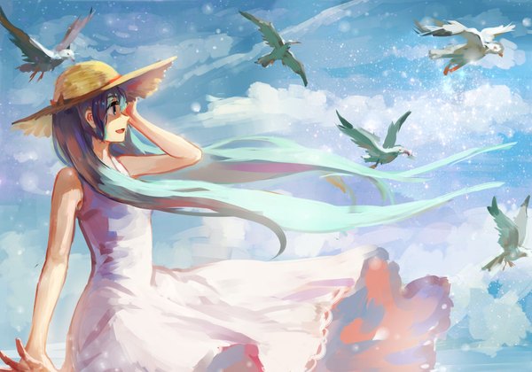 Anime picture 2000x1400 with vocaloid hatsune miku sishenfan single long hair fringe highres open mouth standing twintails sky cloud (clouds) profile wind aqua hair sleeveless outstretched arm happy girl dress