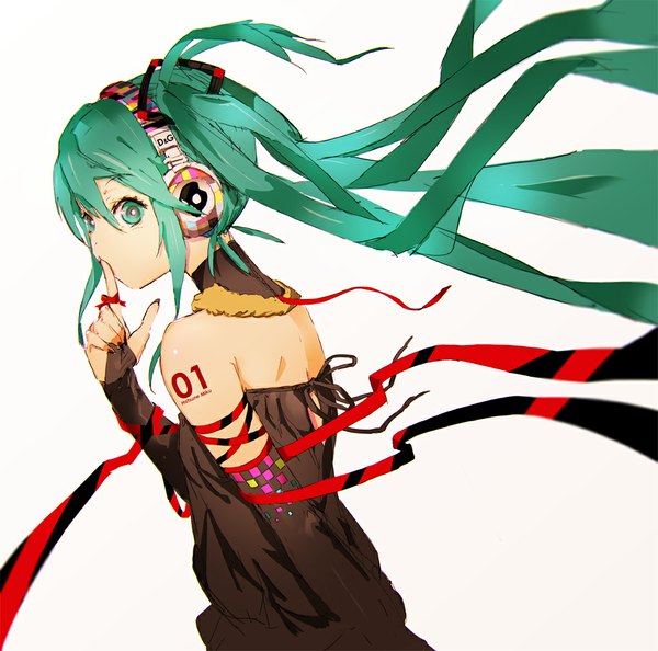 Anime picture 1000x990 with vocaloid hatsune miku so-bin single long hair looking at viewer simple background white background twintails bare shoulders aqua eyes aqua hair tattoo finger to mouth girl dress ribbon (ribbons) headphones black dress