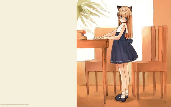 Anime picture 1920x1200 with shirotsume souwa littlewitch ema (shirotsume souwa) oyari ashito single long hair looking at viewer highres blue eyes blonde hair wide image animal ears full body indoors wallpaper girl dress chair table