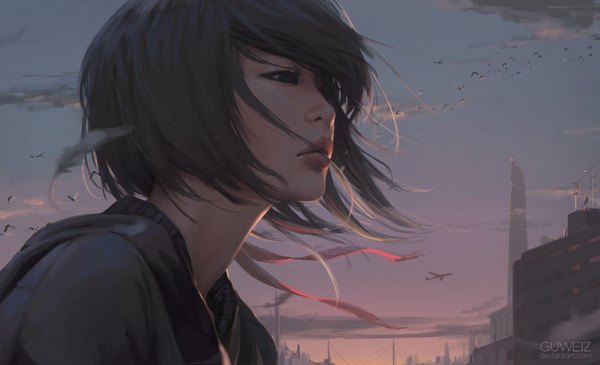 Anime picture 2000x1218 with original guweiz single fringe highres short hair black hair wide image signed sky cloud (clouds) outdoors parted lips profile wind lips black eyes blurry text city