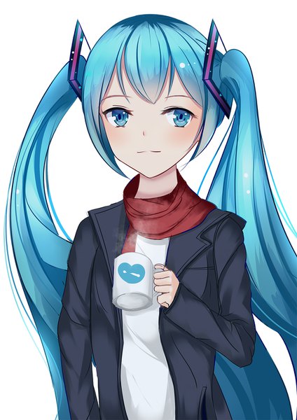 イラスト 1000x1414 と ボーカロイド 初音ミク 帰ろう ソロ 長髪 長身像 赤面 前髪 青い目 simple background 白背景 ツインテール holding 青い髪 upper body ペア 女の子 襟巻き 赤いスカーフ マグカップ