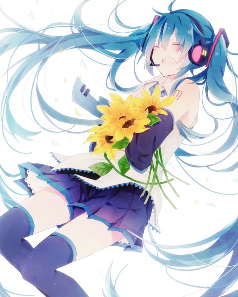 Anime picture 800x1000 with vocaloid hatsune miku kaneko aaru single tall image open mouth simple background white background twintails eyes closed very long hair aqua hair tattoo happy girl skirt flower (flowers) detached sleeves miniskirt necktie