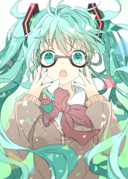 Anime picture 648x906 with vocaloid hatsune miku konataeru single long hair tall image looking at viewer fringe open mouth hair between eyes twintails signed upper body ahoge nail polish aqua eyes fingernails aqua hair gradient background floating hair
