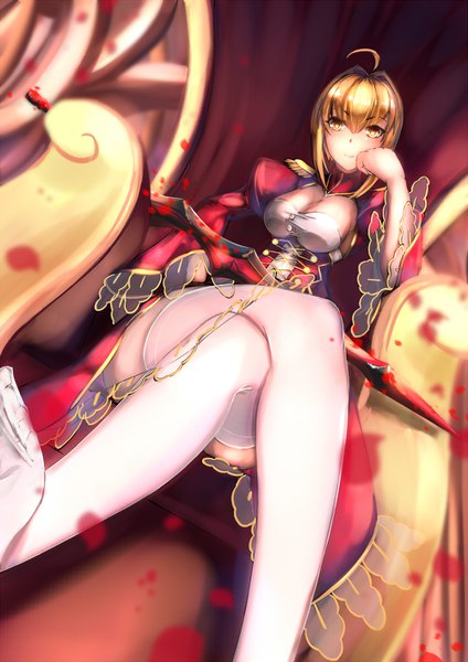 Anime picture 1000x1414 with fate (series) fate/grand order fate/extra nero claudius (fate) (all) nero claudius (fate) aikawa juujutsu machi single tall image looking at viewer blush fringe short hair breasts light erotic blonde hair hair between eyes sitting yellow eyes cleavage ahoge