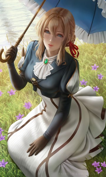 Anime picture 3000x5000 with violet evergarden kyoto animation violet evergarden (character) wickellia single tall image looking at viewer fringe highres short hair blue eyes blonde hair hair between eyes sitting holding signed outdoors braid (braids) arm up from above