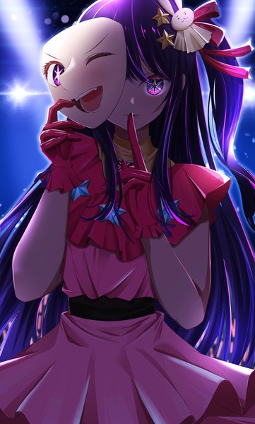 Anime picture 5000x8315 with oshi no ko hoshino ai (oshi no ko) rogomarebuteki single long hair tall image looking at viewer fringe highres standing purple eyes holding payot absurdres purple hair one side up finger to mouth symbol-shaped pupils shaded face girl
