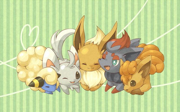 Anime picture 1200x750 with pokemon nintendo eevee zorua vulpix mareep minccino simple background smile wide image lying eyes closed one eye closed wink group striped green background striped background gen 1 pokemon gen 2 pokemon