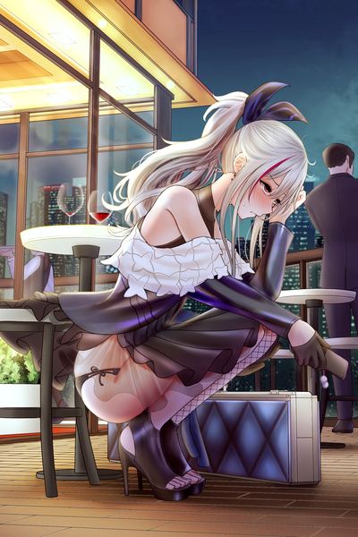 Anime picture 1787x2681 with girls frontline mdr (girls frontline) turisasu long hair tall image blush fringe highres light erotic hair between eyes red eyes holding payot looking away silver hair full body outdoors ponytail profile multicolored hair