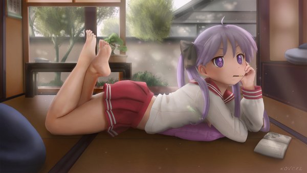 Anime picture 3640x2054 with lucky star kyoto animation hiiragi kagami novcel single long hair blush highres wide image purple eyes twintails looking away absurdres purple hair ahoge bent knee (knees) lying pleated skirt barefoot no shoes