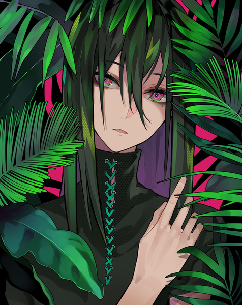 Anime picture 1192x1500 with original lam (ramdayo) single long hair tall image looking at viewer fringe hair between eyes upper body head tilt green hair mole mole under eye lacing multicolored eyes girl plant (plants)