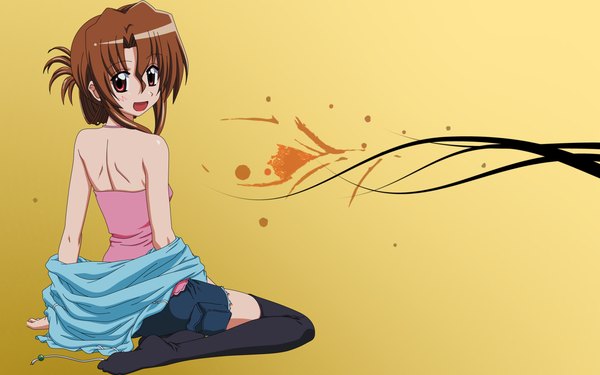 Anime picture 1680x1050 with hayate no gotoku! maria (hayate no gotoku!) single open mouth red eyes brown hair wide image looking back from behind back thighhighs black thighhighs