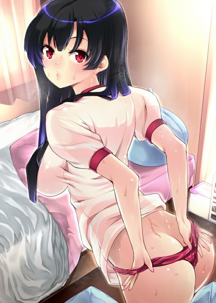 Anime picture 620x867 with original amasora taichi single long hair tall image blush breasts open mouth light erotic red eyes large breasts standing purple hair ass looking back sweat leaning leaning forward back panty pull
